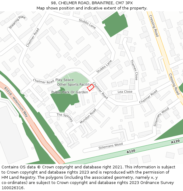 98, CHELMER ROAD, BRAINTREE, CM7 3PX: Location map and indicative extent of plot