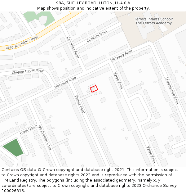 98A, SHELLEY ROAD, LUTON, LU4 0JA: Location map and indicative extent of plot