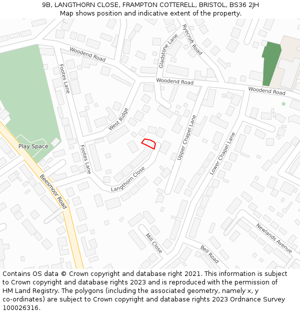 9B, LANGTHORN CLOSE, FRAMPTON COTTERELL, BRISTOL, BS36 2JH: Location map and indicative extent of plot