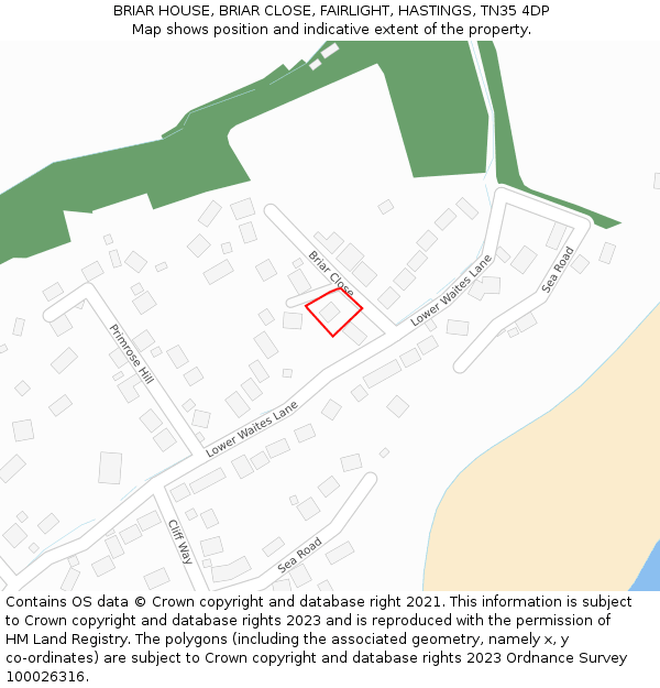 BRIAR HOUSE, BRIAR CLOSE, FAIRLIGHT, HASTINGS, TN35 4DP: Location map and indicative extent of plot