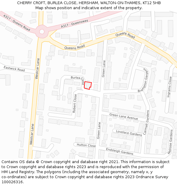 CHERRY CROFT, BURLEA CLOSE, HERSHAM, WALTON-ON-THAMES, KT12 5HB: Location map and indicative extent of plot