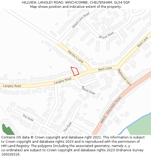 HILLVIEW, LANGLEY ROAD, WINCHCOMBE, CHELTENHAM, GL54 5QP: Location map and indicative extent of plot