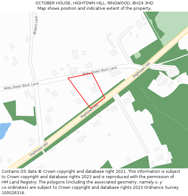 OCTOBER HOUSE, HIGHTOWN HILL, RINGWOOD, BH24 3HD: Location map and indicative extent of plot