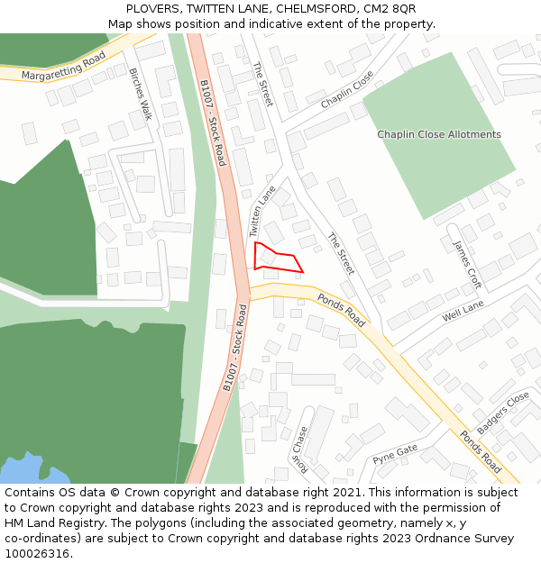 PLOVERS, TWITTEN LANE, CHELMSFORD, CM2 8QR: Location map and indicative extent of plot