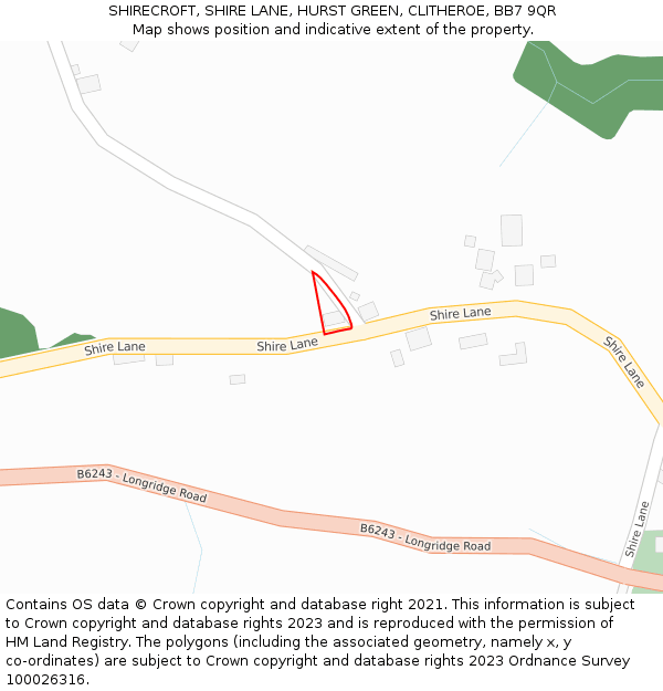 SHIRECROFT, SHIRE LANE, HURST GREEN, CLITHEROE, BB7 9QR: Location map and indicative extent of plot