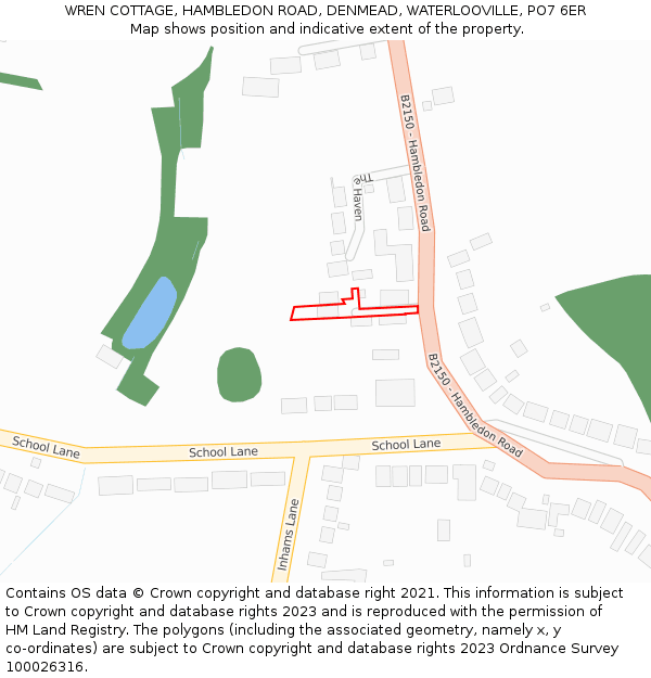 WREN COTTAGE, HAMBLEDON ROAD, DENMEAD, WATERLOOVILLE, PO7 6ER: Location map and indicative extent of plot