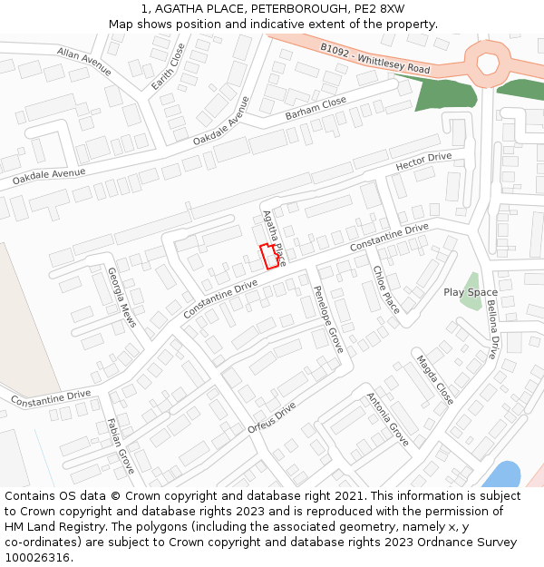 1, AGATHA PLACE, PETERBOROUGH, PE2 8XW: Location map and indicative extent of plot
