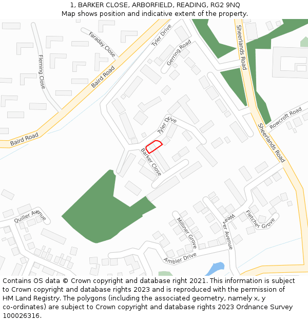 1, BARKER CLOSE, ARBORFIELD, READING, RG2 9NQ: Location map and indicative extent of plot