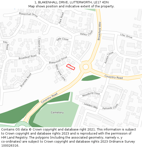 1, BLAKENHALL DRIVE, LUTTERWORTH, LE17 4DN: Location map and indicative extent of plot