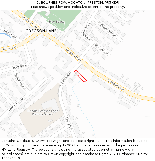 1, BOURNES ROW, HOGHTON, PRESTON, PR5 0DR: Location map and indicative extent of plot