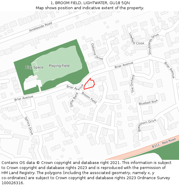 1, BROOM FIELD, LIGHTWATER, GU18 5QN: Location map and indicative extent of plot