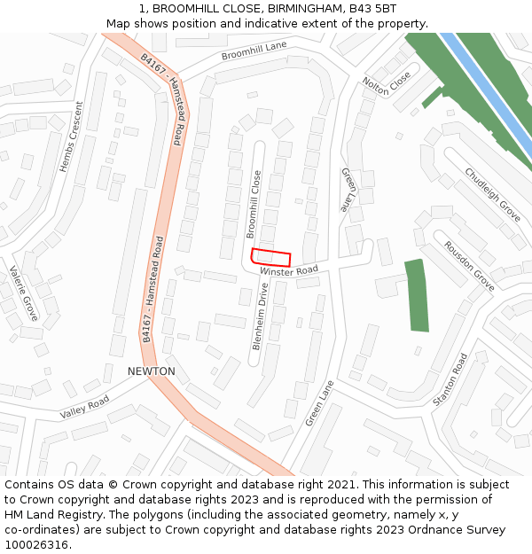 1, BROOMHILL CLOSE, BIRMINGHAM, B43 5BT: Location map and indicative extent of plot
