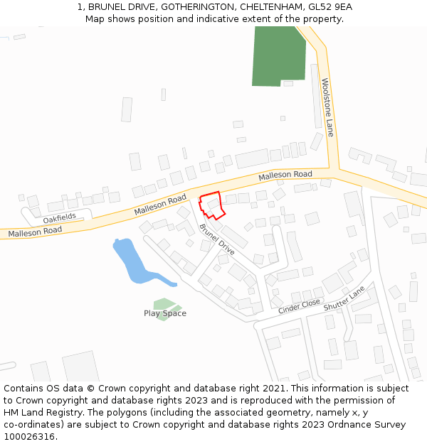 1, BRUNEL DRIVE, GOTHERINGTON, CHELTENHAM, GL52 9EA: Location map and indicative extent of plot