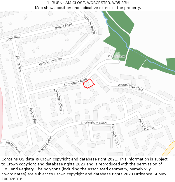 1, BURNHAM CLOSE, WORCESTER, WR5 3BH: Location map and indicative extent of plot