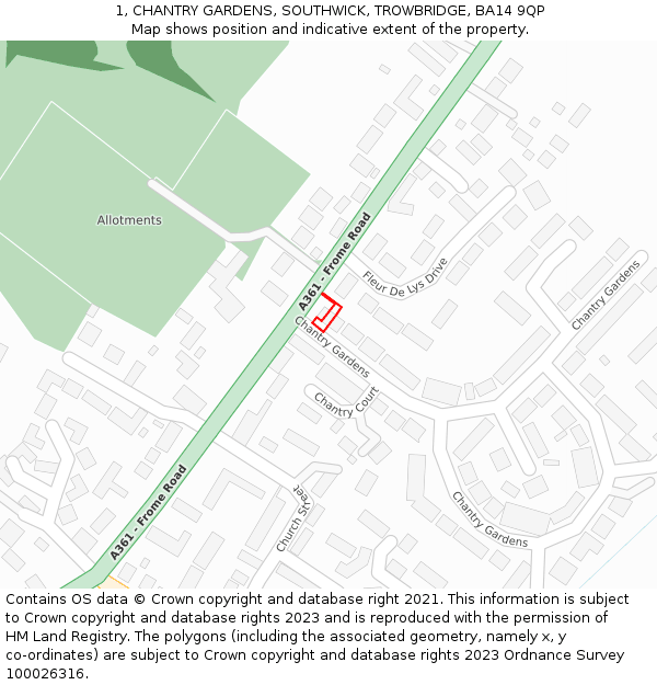 1, CHANTRY GARDENS, SOUTHWICK, TROWBRIDGE, BA14 9QP: Location map and indicative extent of plot