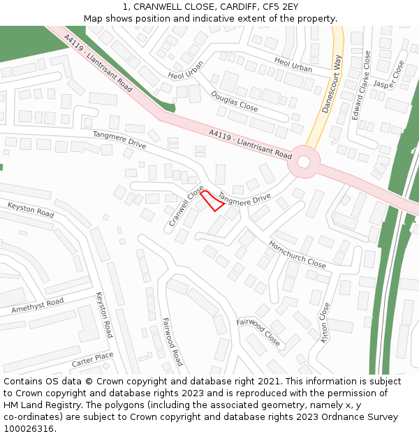 1, CRANWELL CLOSE, CARDIFF, CF5 2EY: Location map and indicative extent of plot