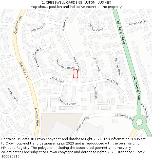 1, CRESSWELL GARDENS, LUTON, LU3 4EX: Location map and indicative extent of plot
