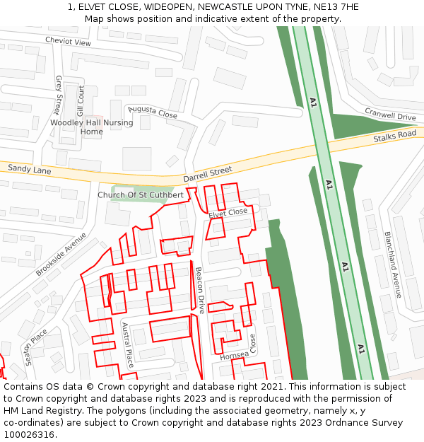 1, ELVET CLOSE, WIDEOPEN, NEWCASTLE UPON TYNE, NE13 7HE: Location map and indicative extent of plot