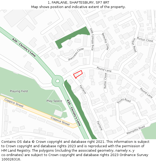 1, FAIRLANE, SHAFTESBURY, SP7 8RT: Location map and indicative extent of plot