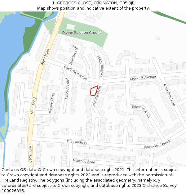 1, GEORGES CLOSE, ORPINGTON, BR5 3JR: Location map and indicative extent of plot