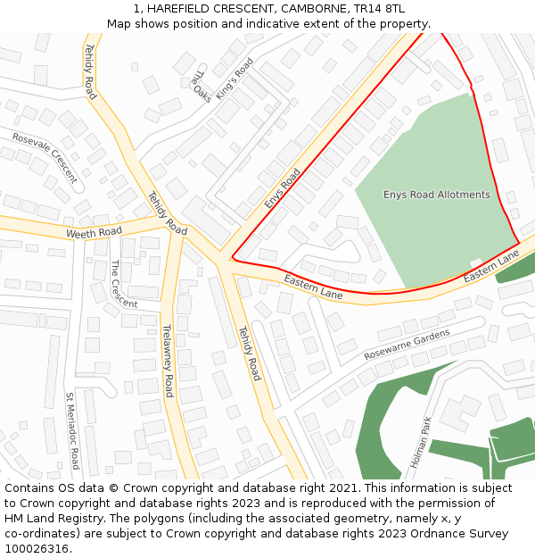 1, HAREFIELD CRESCENT, CAMBORNE, TR14 8TL: Location map and indicative extent of plot