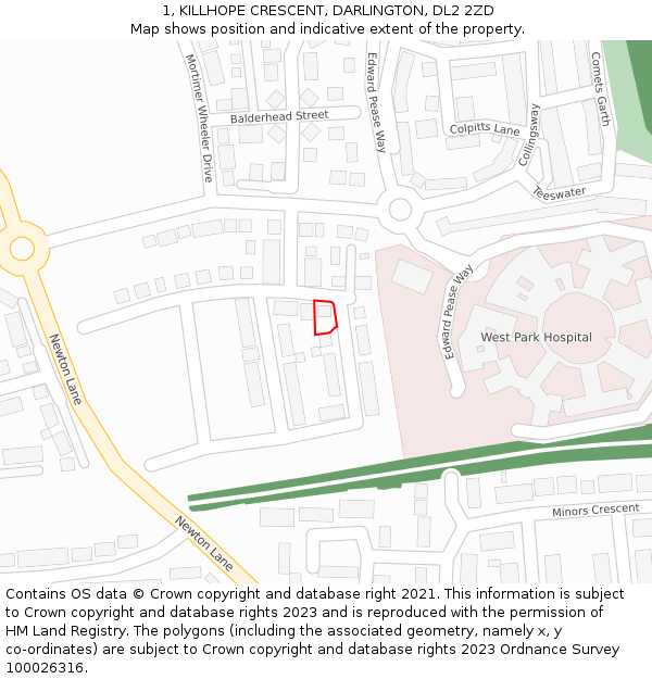 1, KILLHOPE CRESCENT, DARLINGTON, DL2 2ZD: Location map and indicative extent of plot