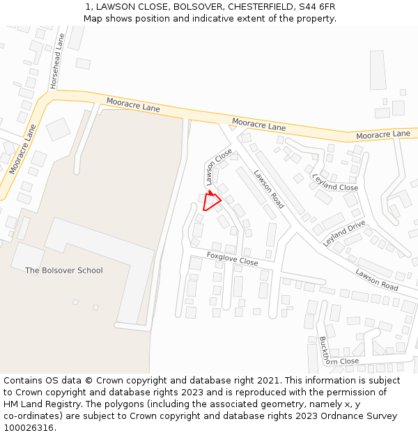 1, LAWSON CLOSE, BOLSOVER, CHESTERFIELD, S44 6FR: Location map and indicative extent of plot