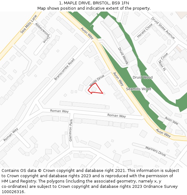 1, MAPLE DRIVE, BRISTOL, BS9 1FN: Location map and indicative extent of plot