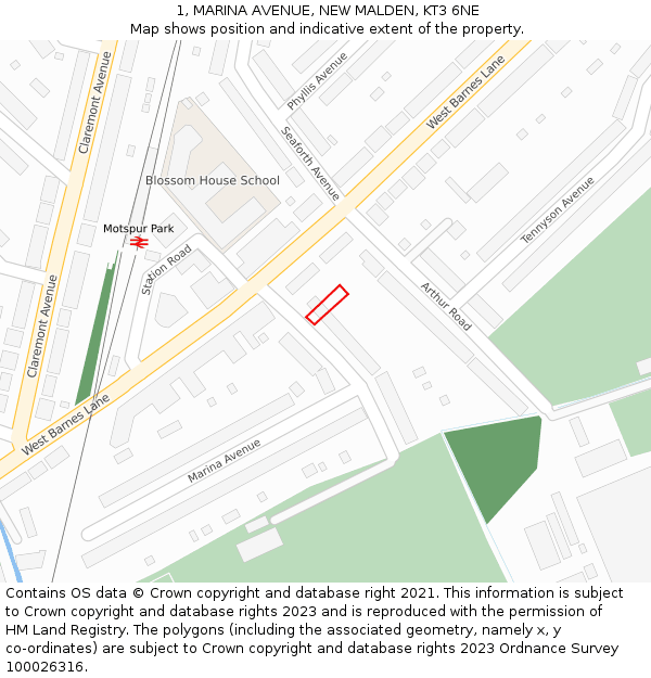 1, MARINA AVENUE, NEW MALDEN, KT3 6NE: Location map and indicative extent of plot