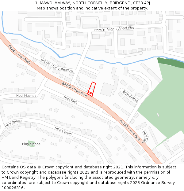 1, MAWDLAM WAY, NORTH CORNELLY, BRIDGEND, CF33 4PJ: Location map and indicative extent of plot