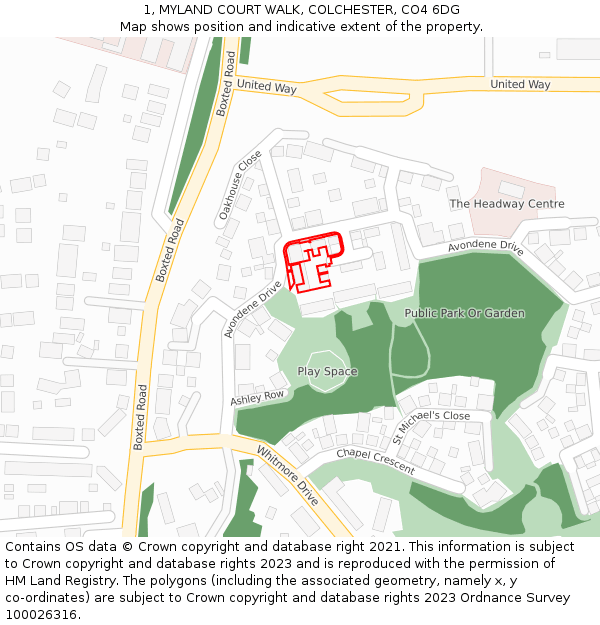 1, MYLAND COURT WALK, COLCHESTER, CO4 6DG: Location map and indicative extent of plot