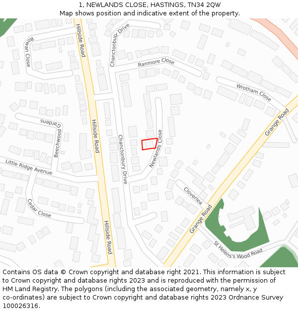 1, NEWLANDS CLOSE, HASTINGS, TN34 2QW: Location map and indicative extent of plot