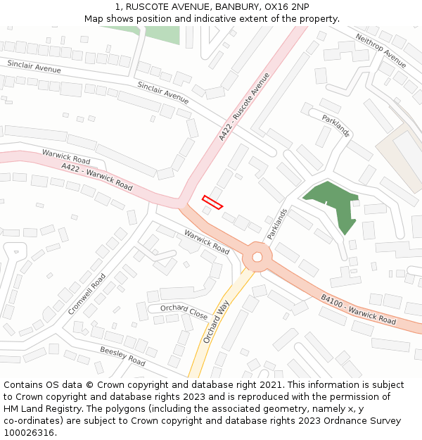 1, RUSCOTE AVENUE, BANBURY, OX16 2NP: Location map and indicative extent of plot
