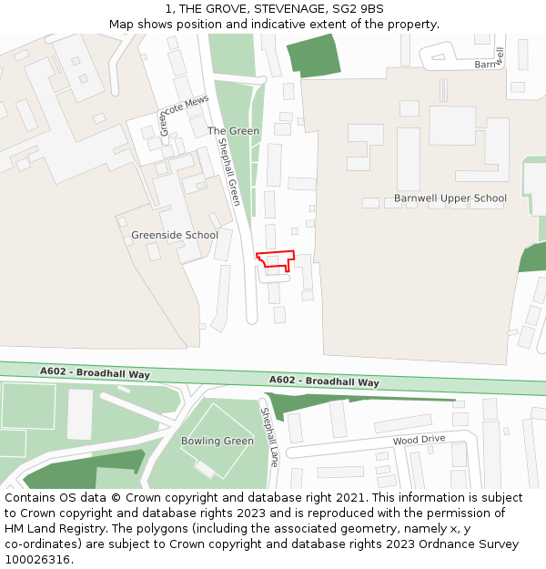 1, THE GROVE, STEVENAGE, SG2 9BS: Location map and indicative extent of plot