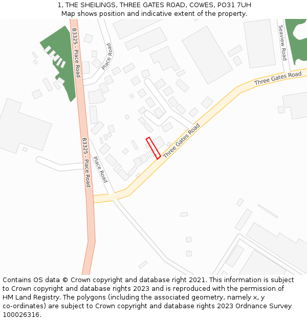 1, THE SHEILINGS, THREE GATES ROAD, COWES, PO31 7UH: Location map and indicative extent of plot