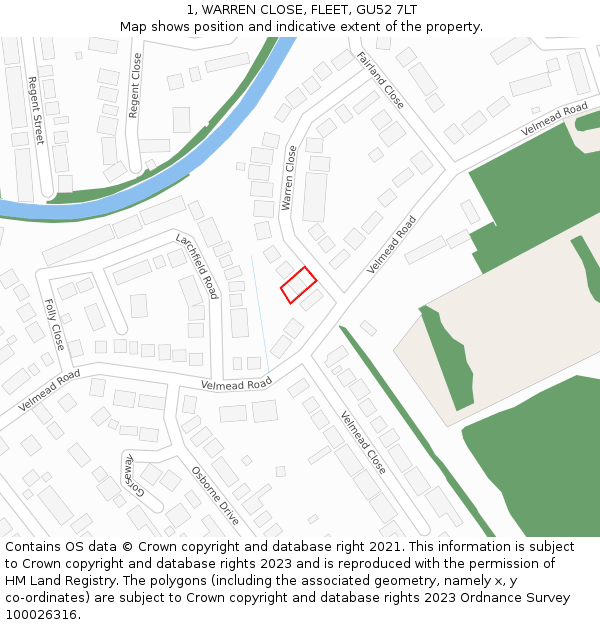 1, WARREN CLOSE, FLEET, GU52 7LT: Location map and indicative extent of plot