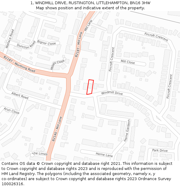 1, WINDMILL DRIVE, RUSTINGTON, LITTLEHAMPTON, BN16 3HW: Location map and indicative extent of plot