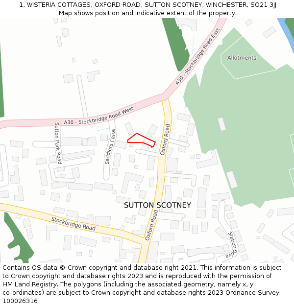 1, WISTERIA COTTAGES, OXFORD ROAD, SUTTON SCOTNEY, WINCHESTER, SO21 3JJ: Location map and indicative extent of plot