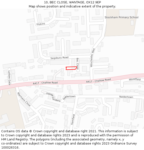 10, BEC CLOSE, WANTAGE, OX12 9EP: Location map and indicative extent of plot
