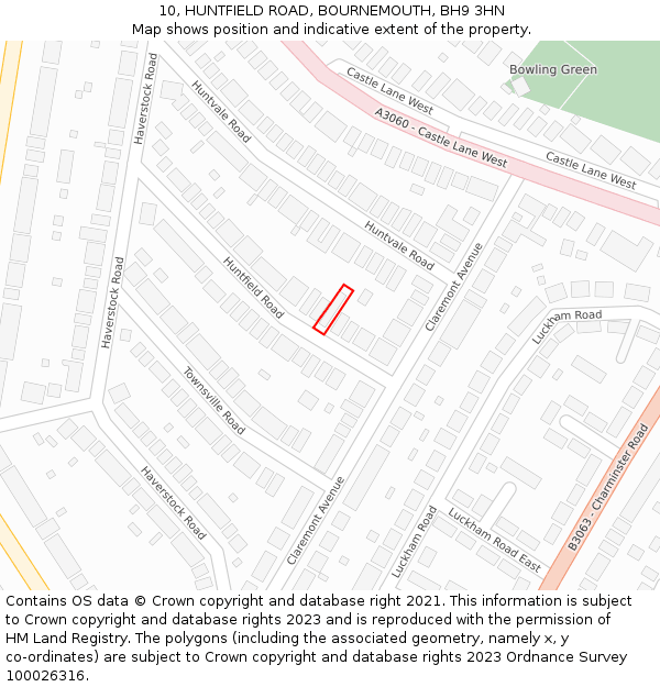 10, HUNTFIELD ROAD, BOURNEMOUTH, BH9 3HN: Location map and indicative extent of plot