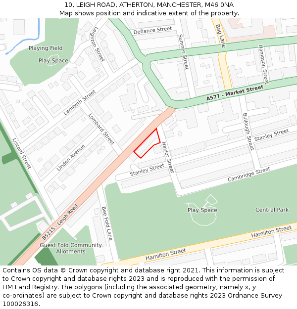 10, LEIGH ROAD, ATHERTON, MANCHESTER, M46 0NA: Location map and indicative extent of plot
