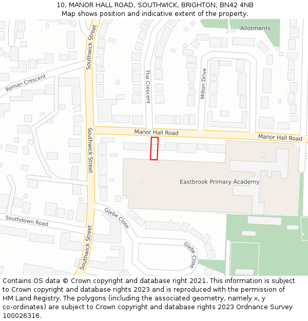 10, MANOR HALL ROAD, SOUTHWICK, BRIGHTON, BN42 4NB: Location map and indicative extent of plot