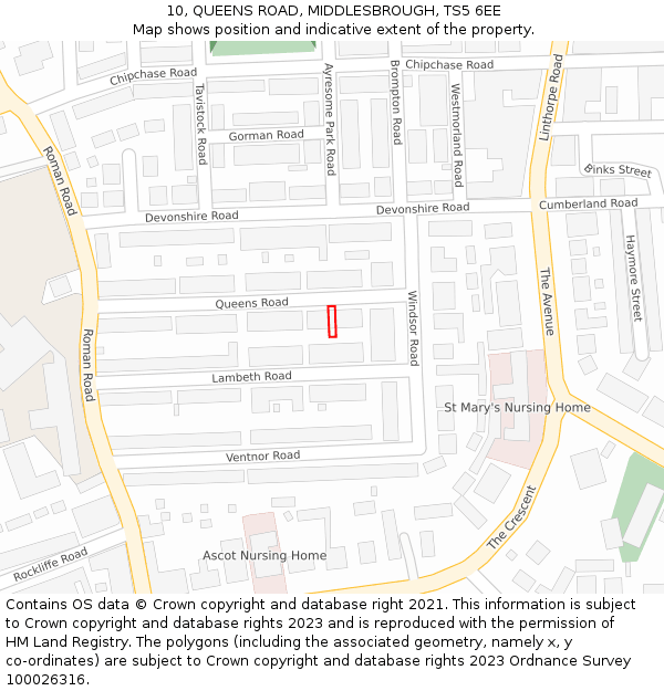 10, QUEENS ROAD, MIDDLESBROUGH, TS5 6EE: Location map and indicative extent of plot