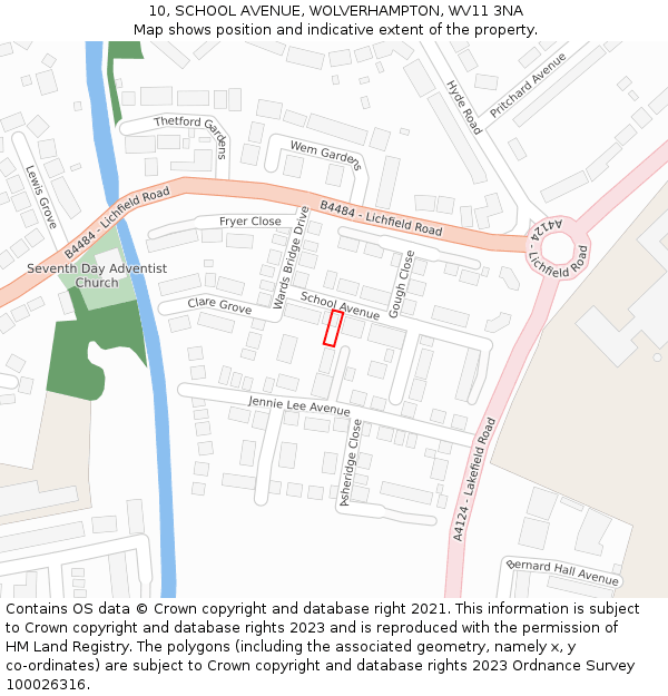 10, SCHOOL AVENUE, WOLVERHAMPTON, WV11 3NA: Location map and indicative extent of plot