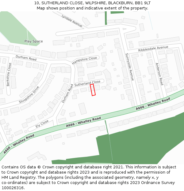 10, SUTHERLAND CLOSE, WILPSHIRE, BLACKBURN, BB1 9LT: Location map and indicative extent of plot