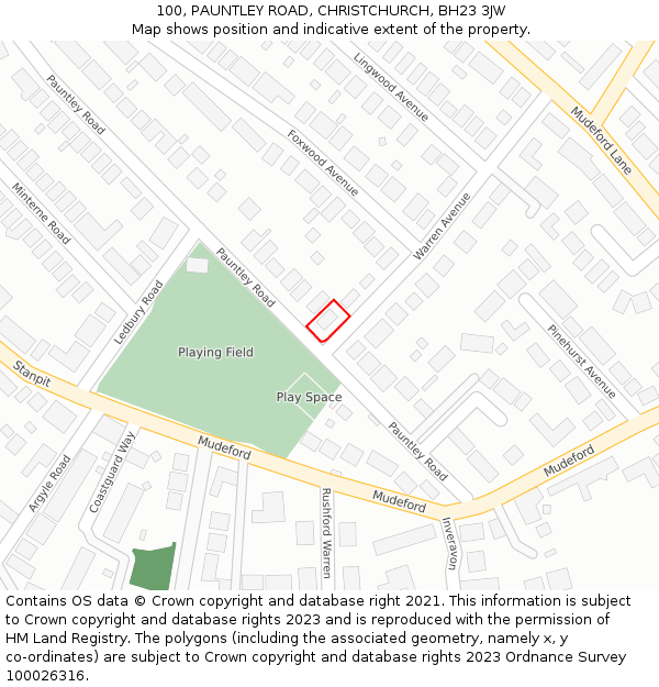 100, PAUNTLEY ROAD, CHRISTCHURCH, BH23 3JW: Location map and indicative extent of plot