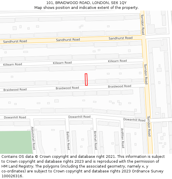 101, BRAIDWOOD ROAD, LONDON, SE6 1QY: Location map and indicative extent of plot