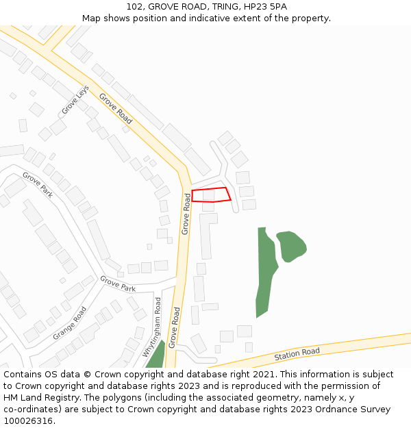 102, GROVE ROAD, TRING, HP23 5PA: Location map and indicative extent of plot