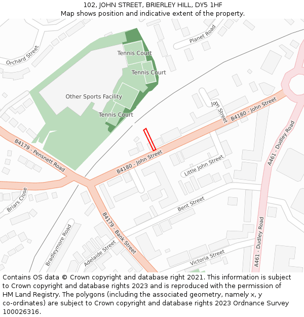 102, JOHN STREET, BRIERLEY HILL, DY5 1HF: Location map and indicative extent of plot