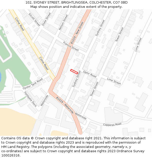 102, SYDNEY STREET, BRIGHTLINGSEA, COLCHESTER, CO7 0BD: Location map and indicative extent of plot